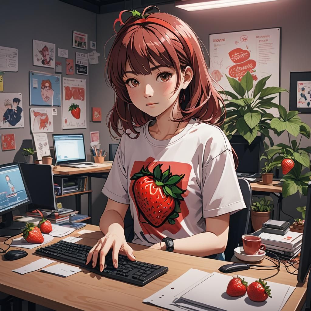 Strawberry T-Shirt Anime Girl in Studio