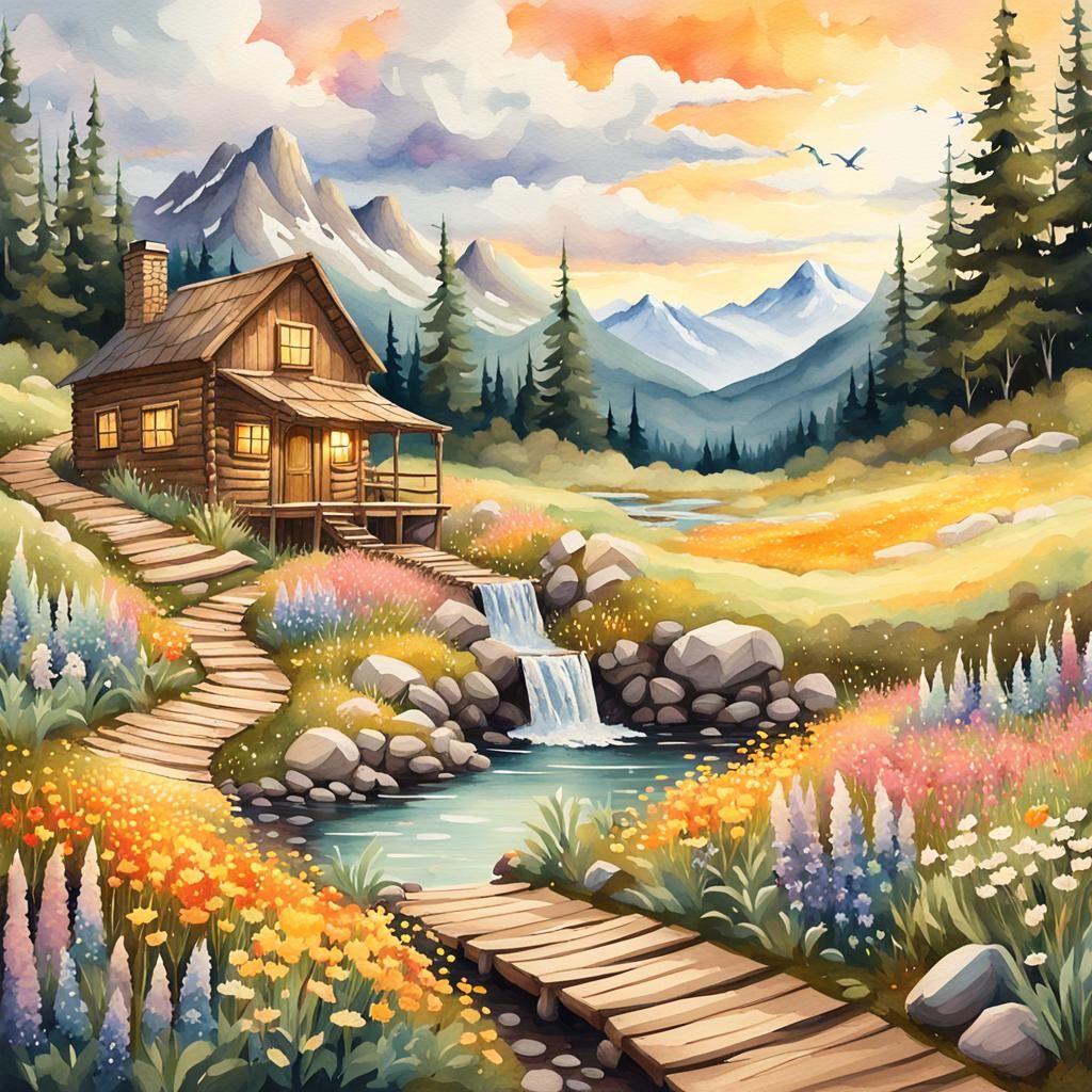 Fantastical Landscape with Cabin: Watercolor and Oil Paintin...
