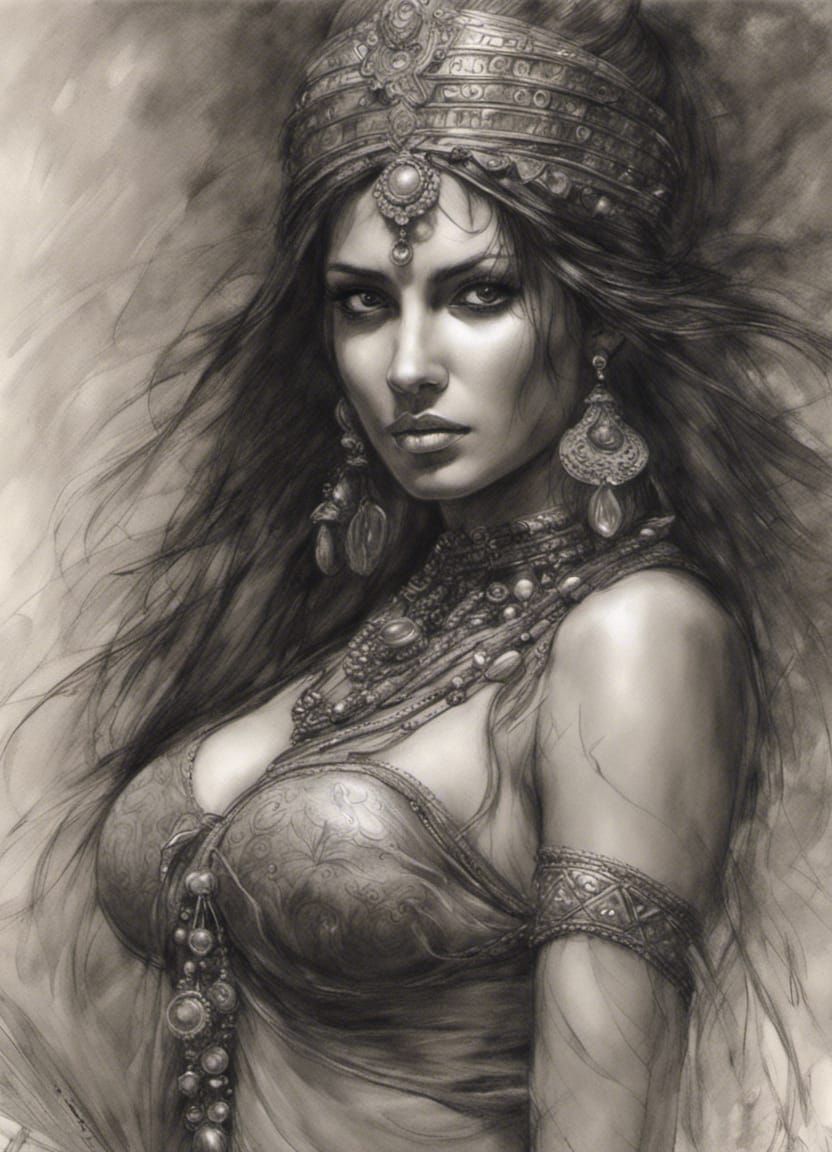 Indian Belly Dancer in Dark Fantasy Charcoal Drawing