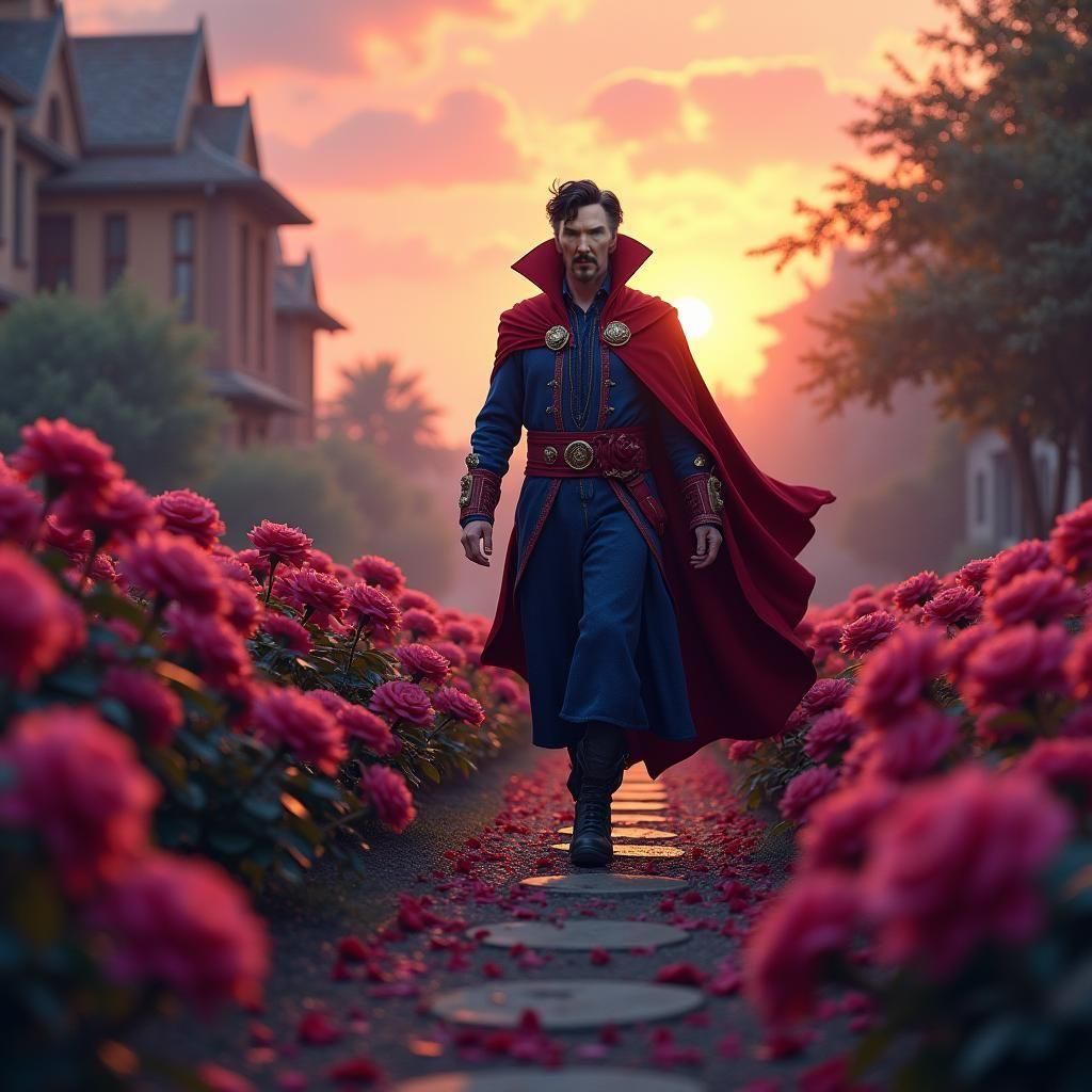 Dr. Strange in Rose Garden Sunset, Detailed Painting