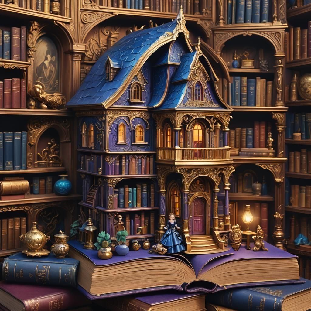 Fantastical Dolls House on Bookshelf in Matte Painting Style