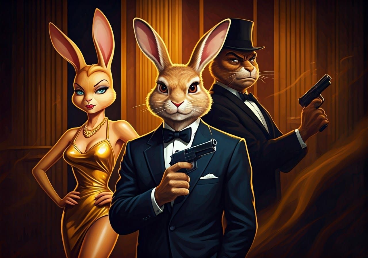 Rabbits as Goldfinger Cast in Vintage Spy Film Style