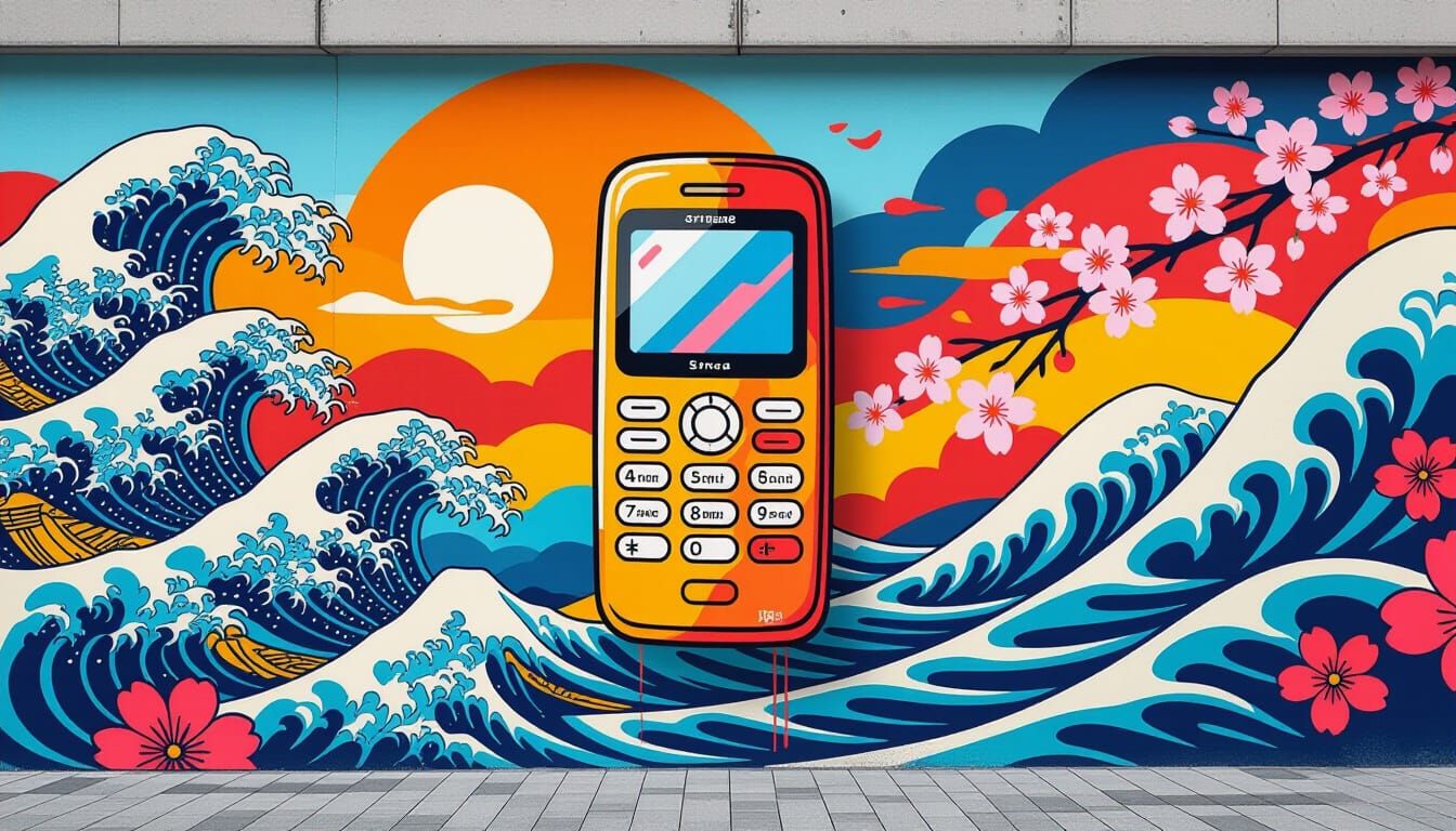 Graffiti Mural Fusion: Retro Tech Meets Japanese Art