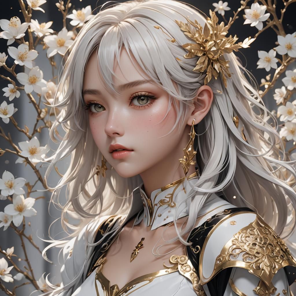 Anime Girl in White, Black, and Gold