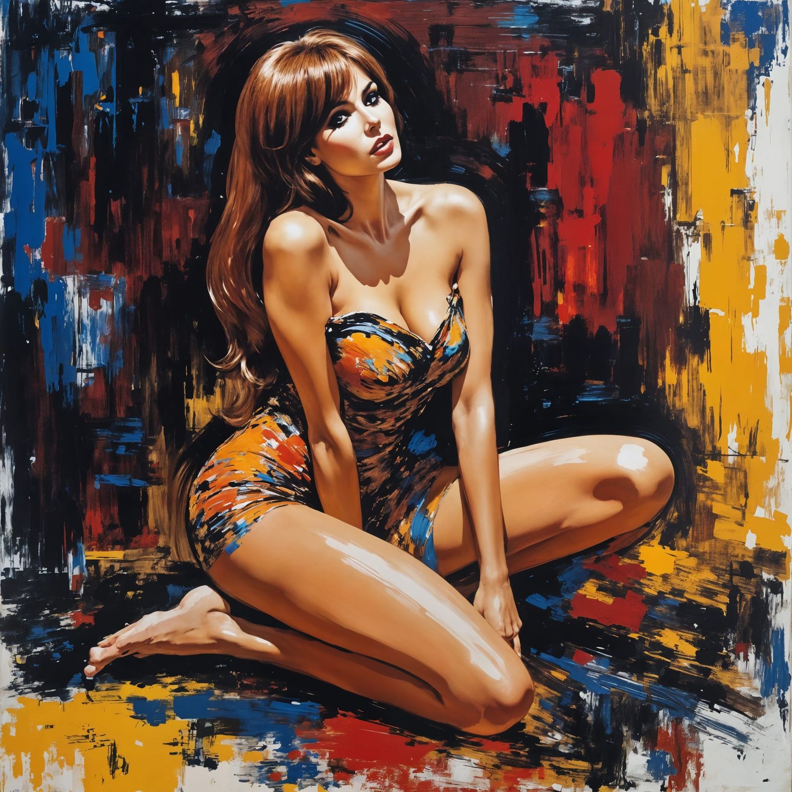 Raquel Welch in Abstract Brutalist Acrylic Painting