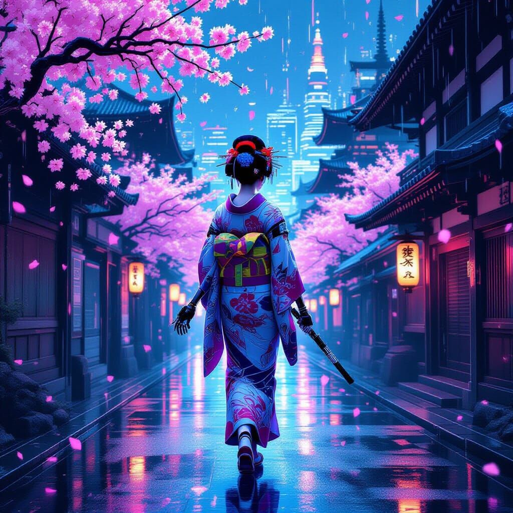 Cyberpunk Geisha in Neon Tokyo: Futuristic Manga Art