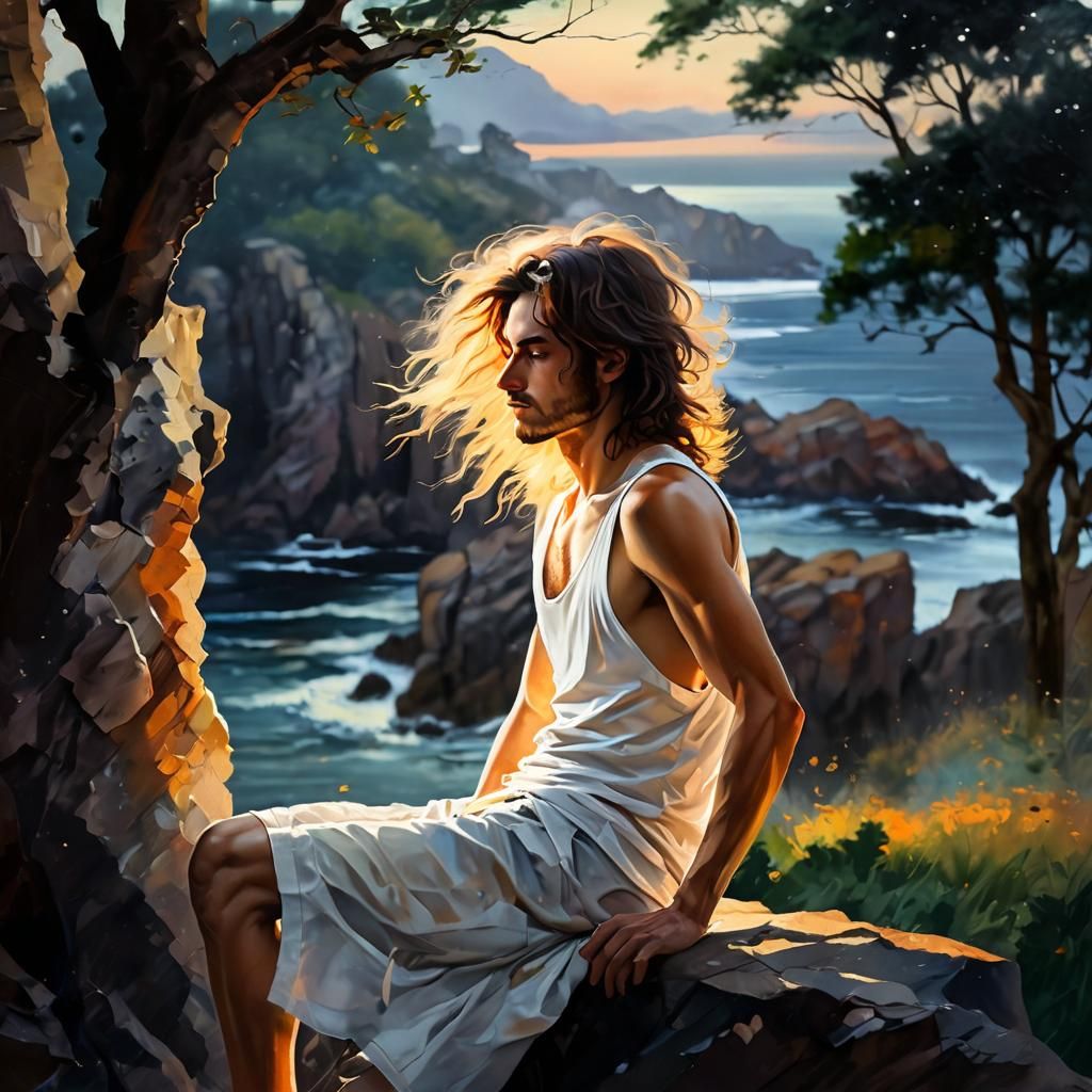 Contemplative Man on Rocky Coast, Oil Painting