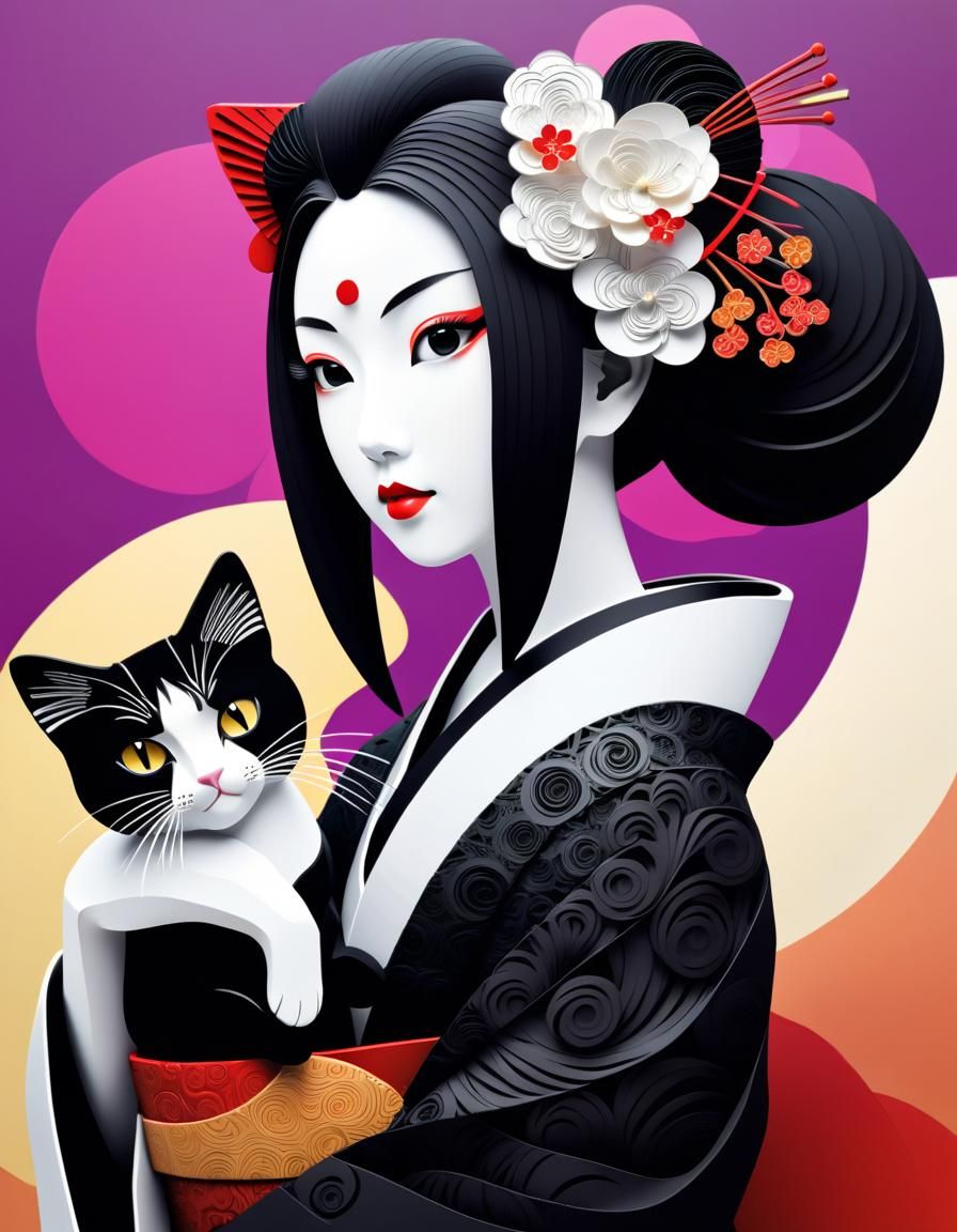 Geisha and Cat in Foam Art Zentangle Style