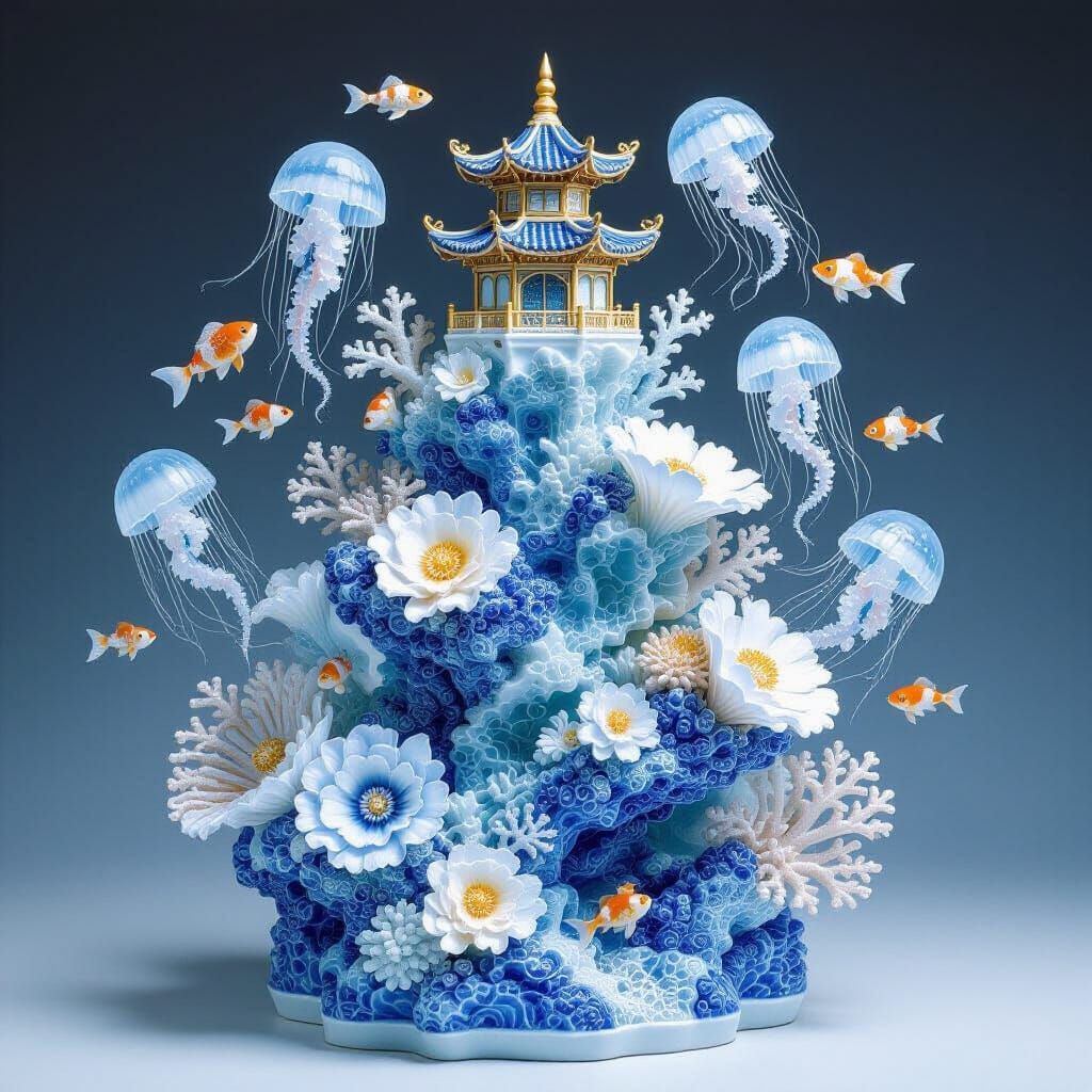 Blue and White Porcelain Coral Reef Sculpture
