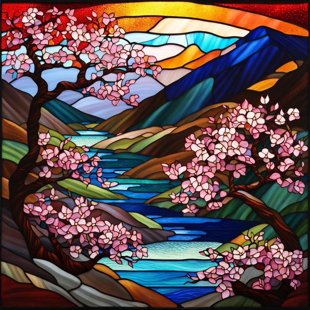Stained Glass Art of Sakura Trees Landscape