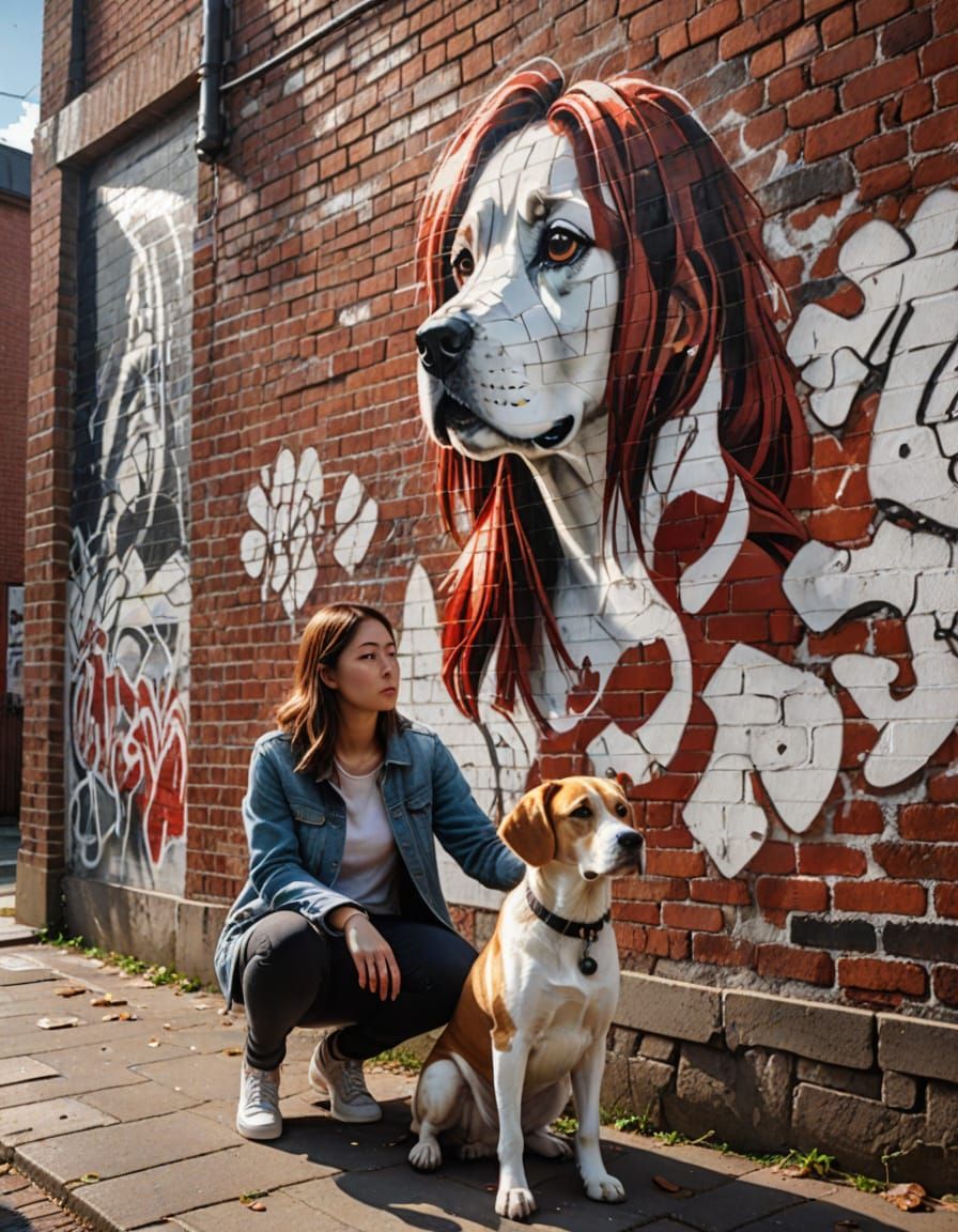 Vibrant Street Art Scene with Girl and Dog