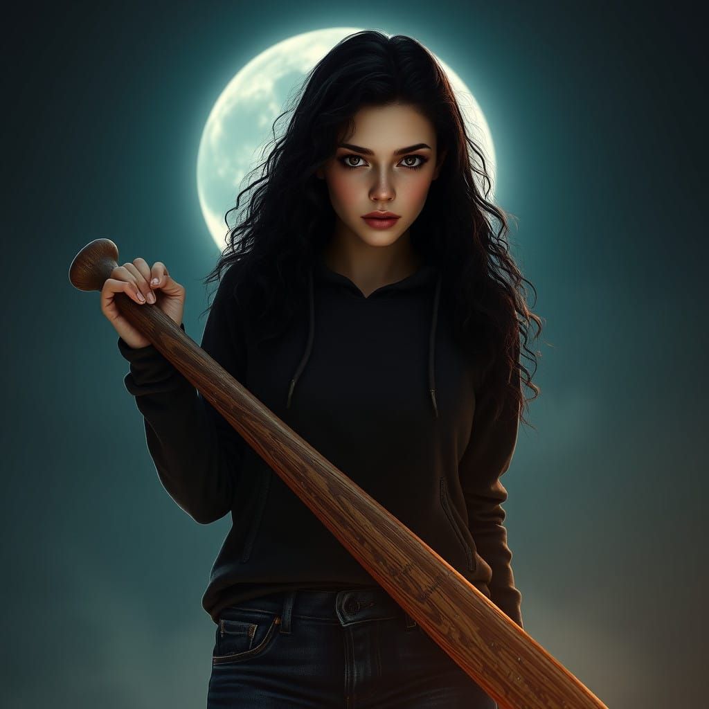 Heroic Young Woman under the Dreamy Glow of a Full Moon
