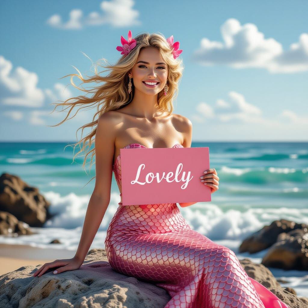 Pink Mermaid Smiling on a Rock by the Ocean