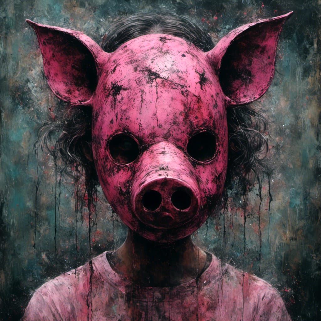 Horror Pig Mask Girl in Dark Oil Style