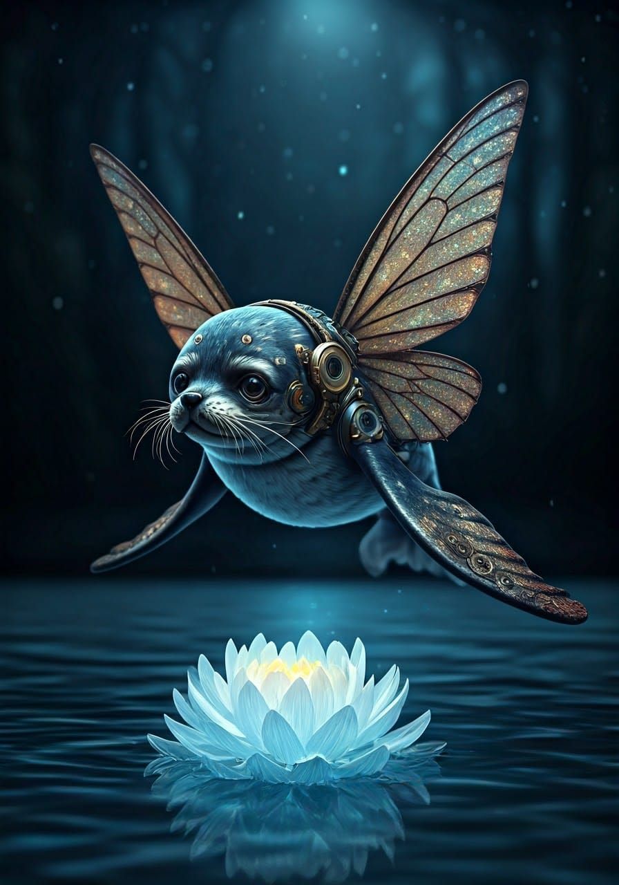 Steamplush Fairy Seal Hovering Over Ice Flower