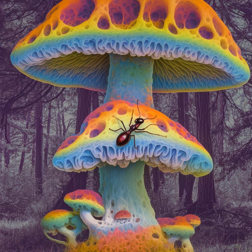 Psychedelic Magic Mushroom with Forest Backdrop