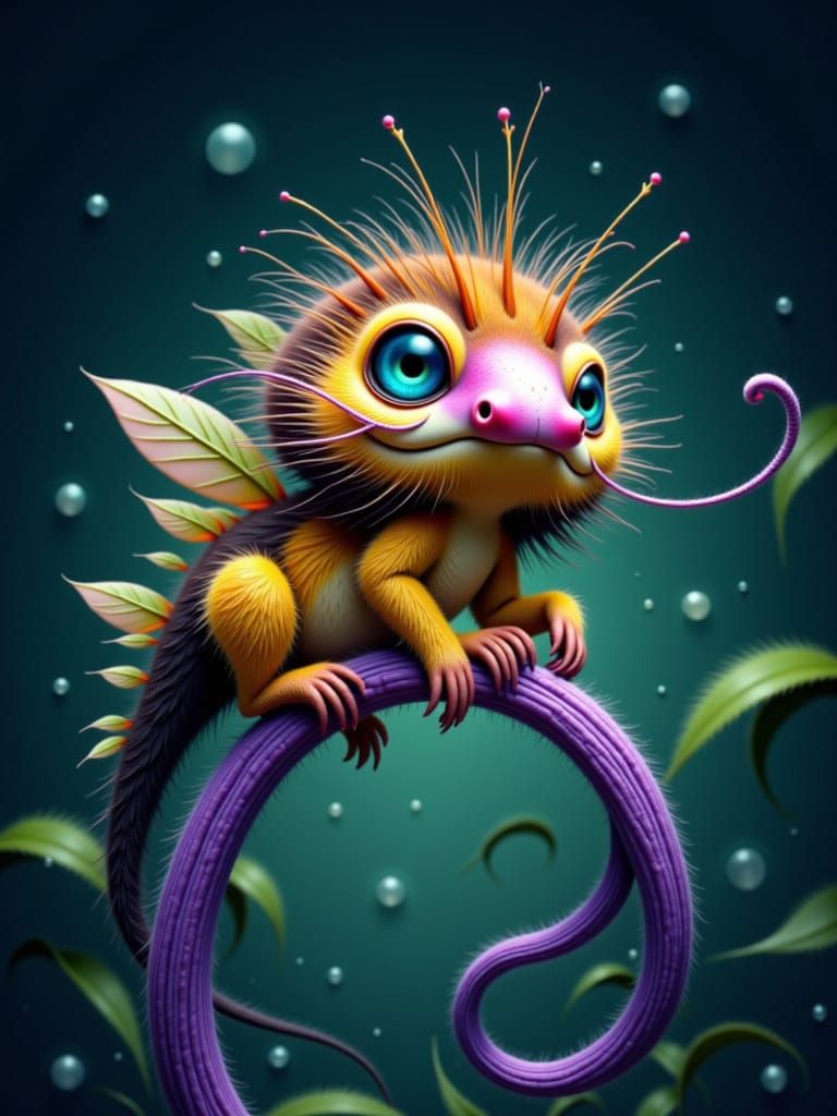 Cute Alien Creature on Purple Flower, Photorealistic Style