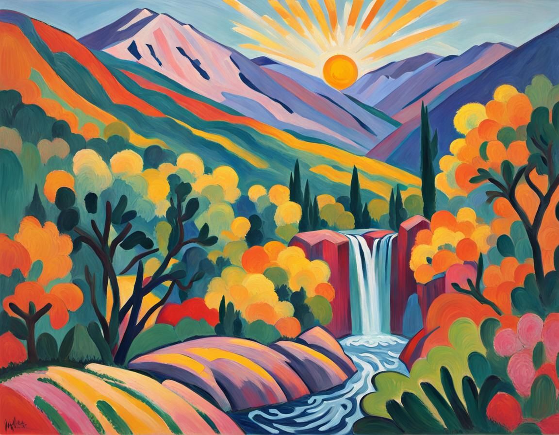 Fauvist Landscape with Mountain and Waterfall