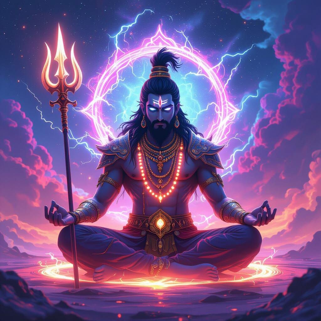 Mahadev Meditating in Cosmic Galaxy, 3D Anime Art
