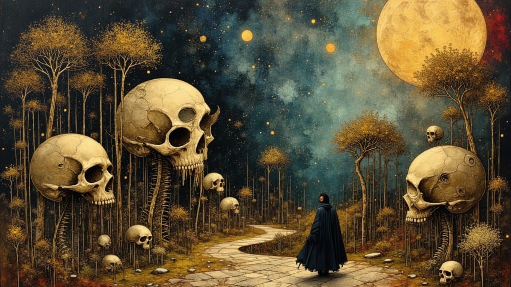 Renaissance Skull Garden with Creatures and Wizard