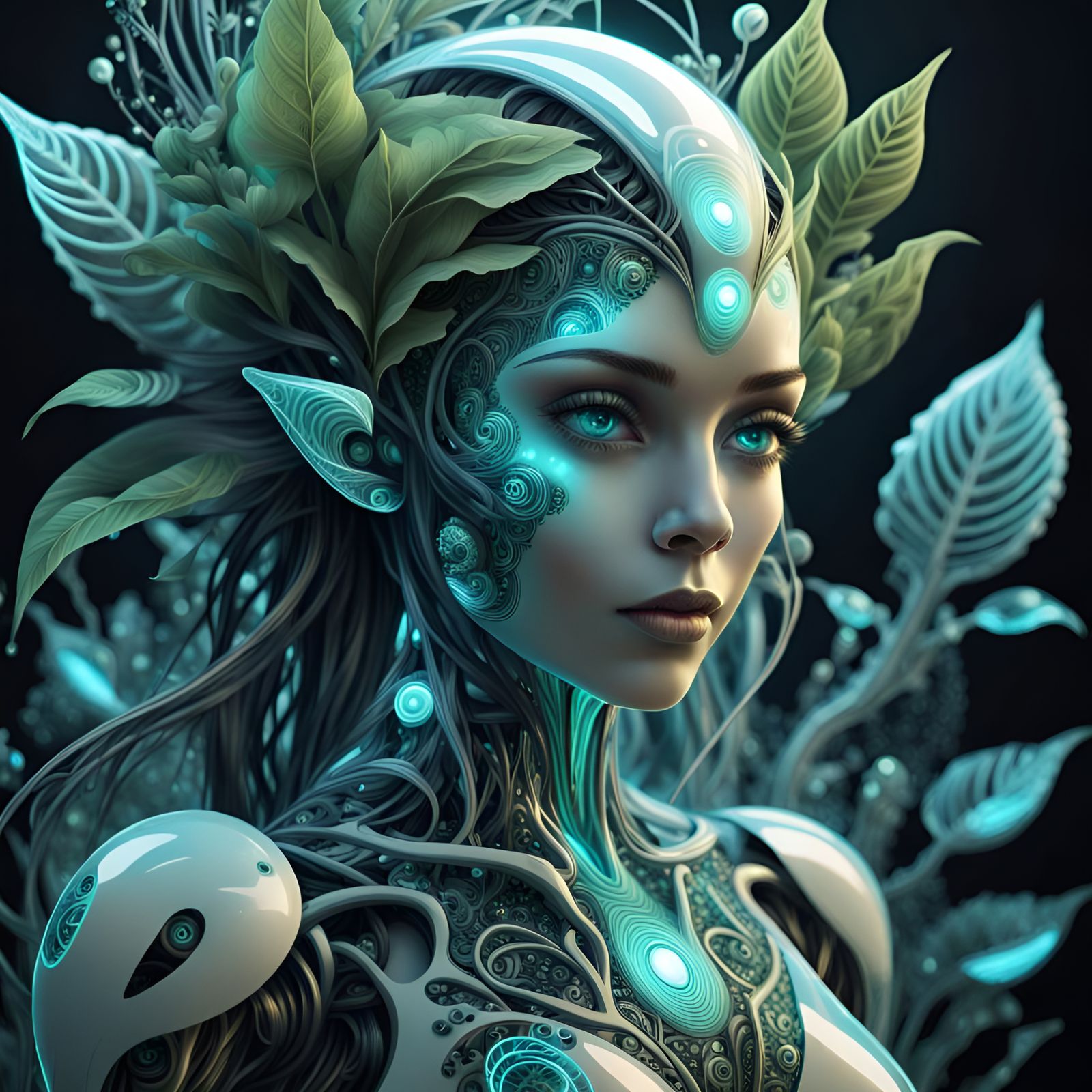 Bioluminescent Alien Elf in High-Tech Setting