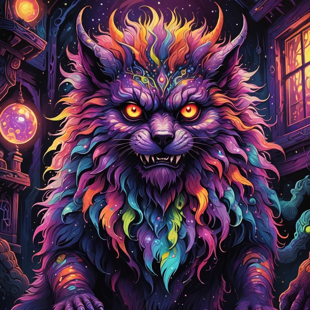 Psychedelic Monster in Haunted House Illustration