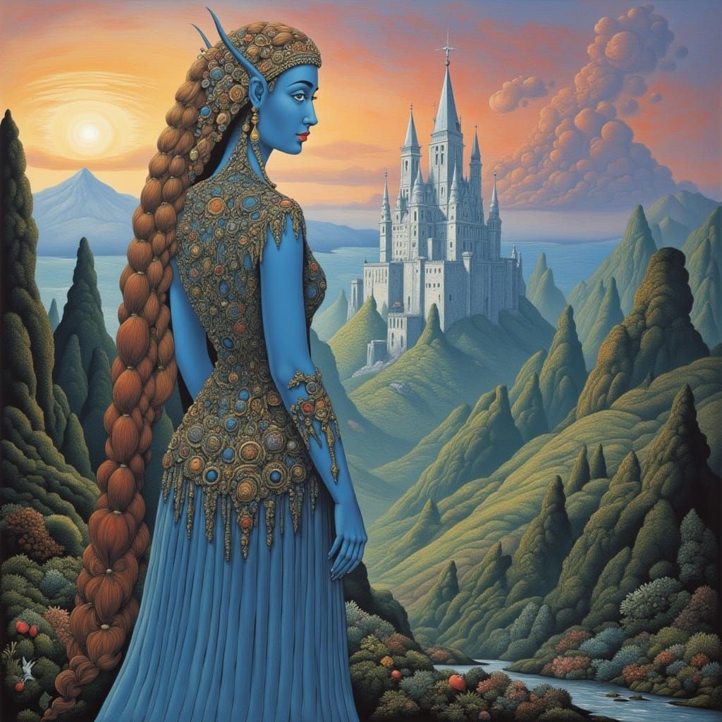 Blue Elf in Valley with Silver Castle