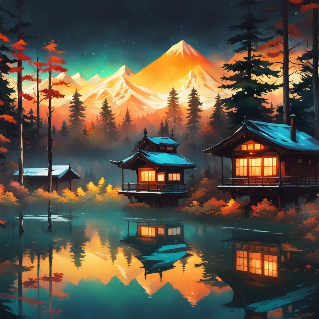 South Park Anime Scene with Watercolor Japanese Background