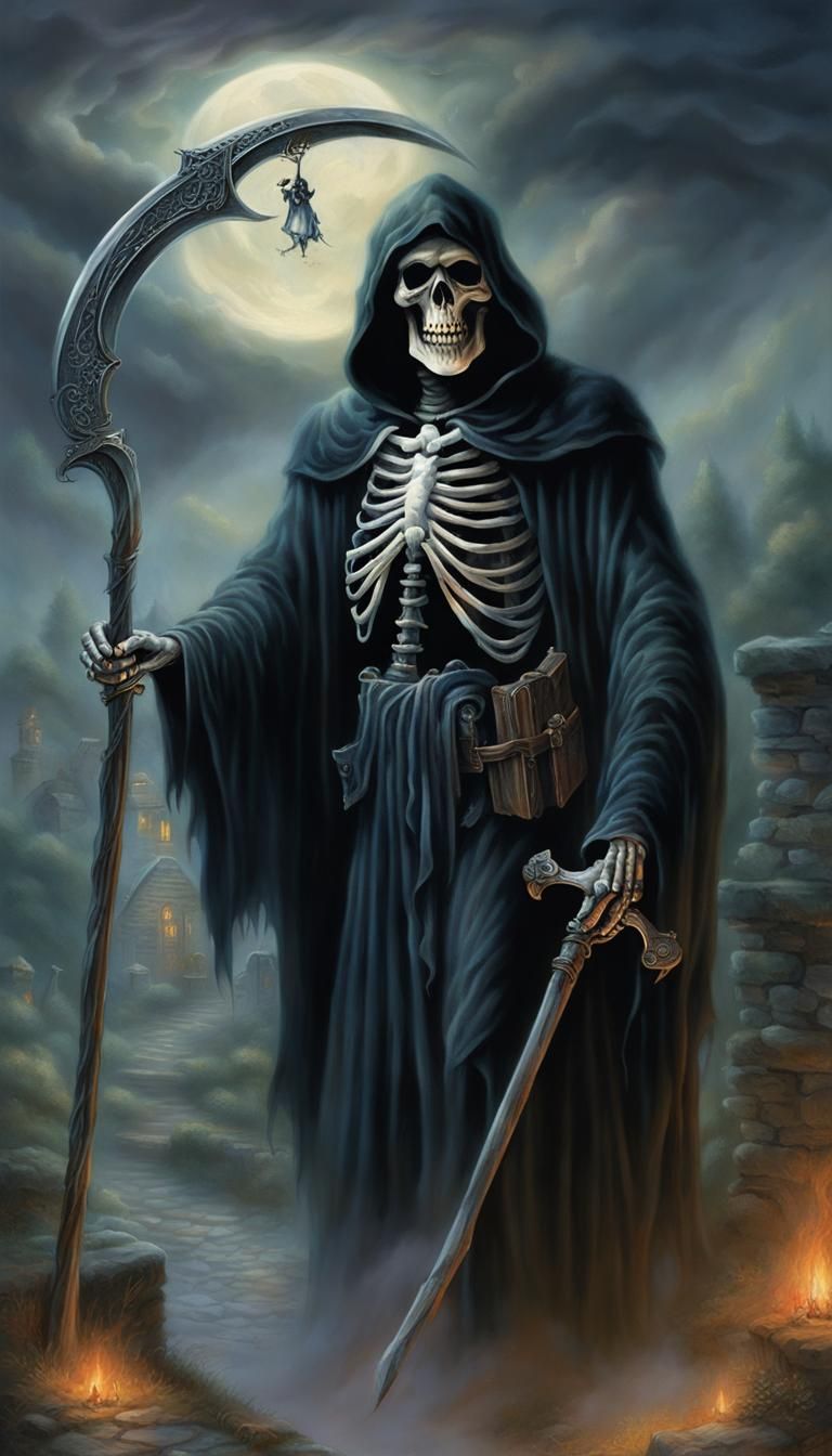 Ethereal Grim Reaper in Misty, Hyperdetailed Landscape