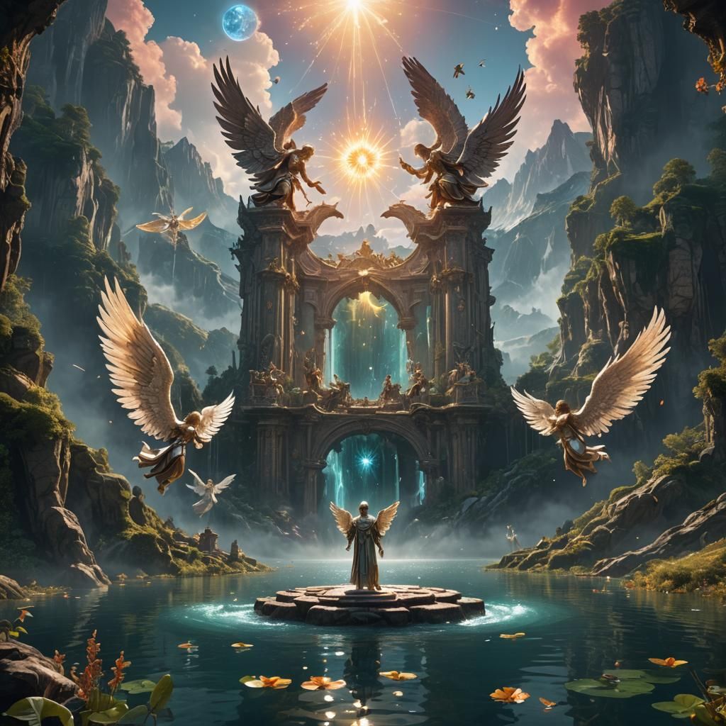 Angels Descending to Magical Lake: Fantasy Concept Art