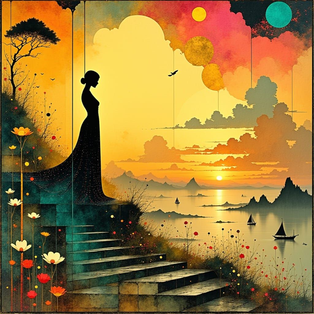 Surreal Art Deco Goddess Emerges from Sunset Landscape