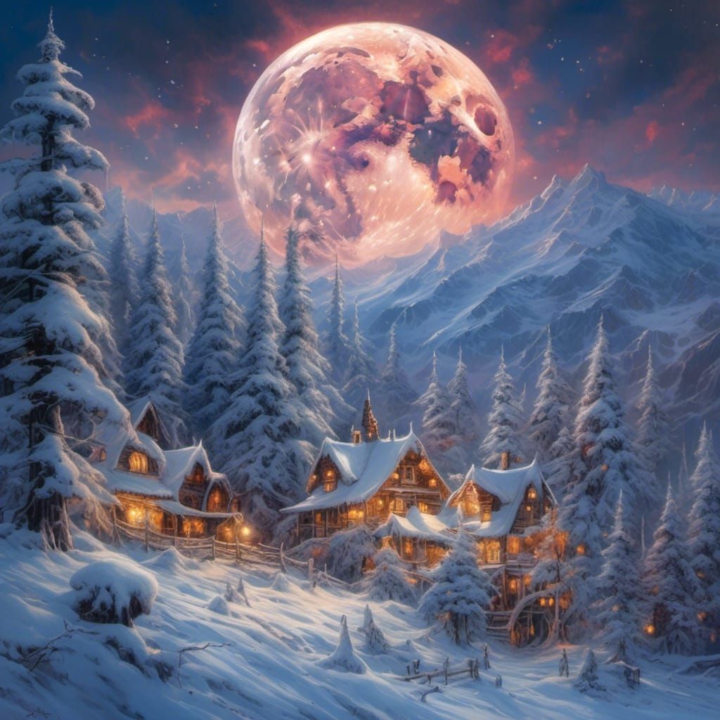 Full Moon Illuminates Christmas Tree in Winter Forest