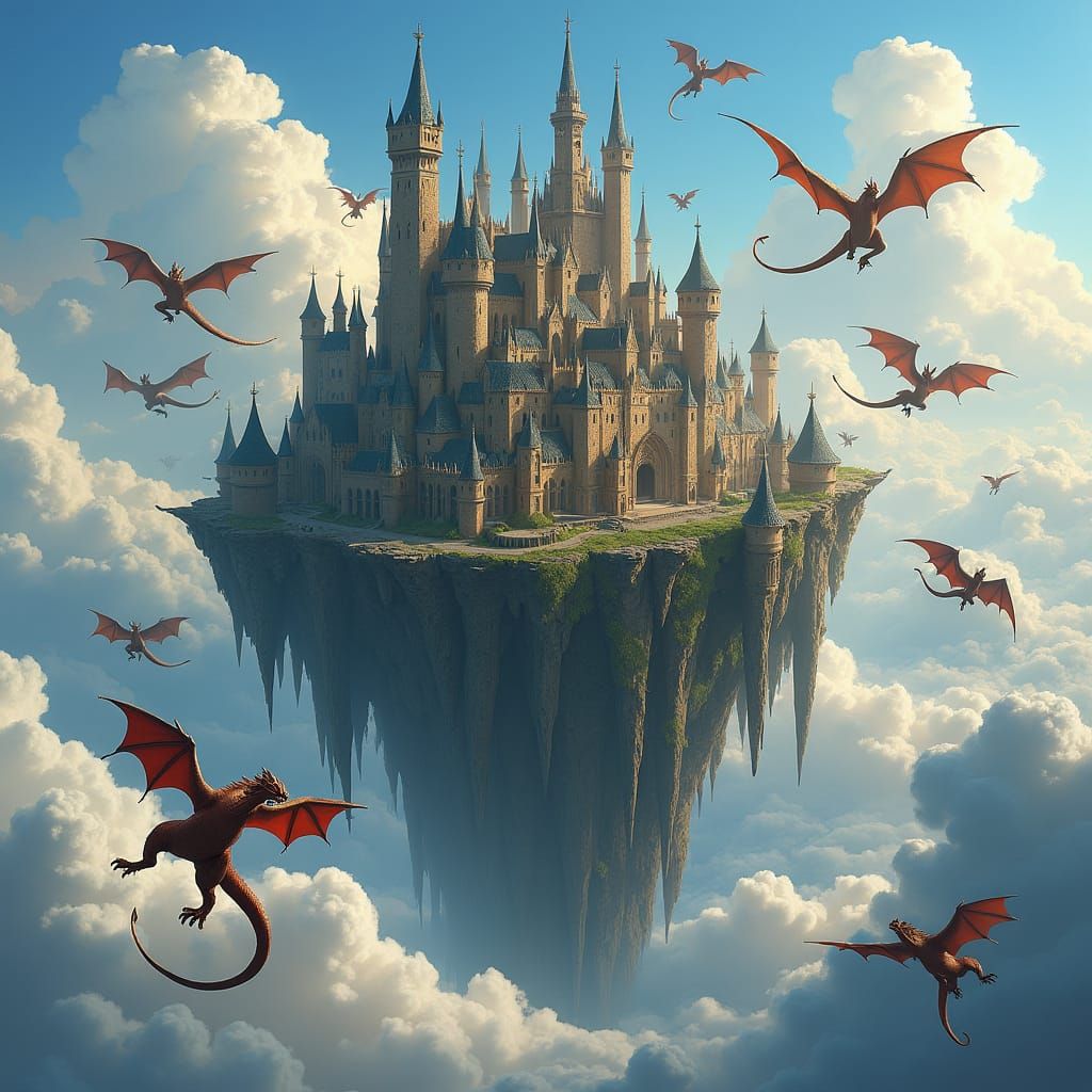 Medieval Fantasy Floating City with Majestic Dragons