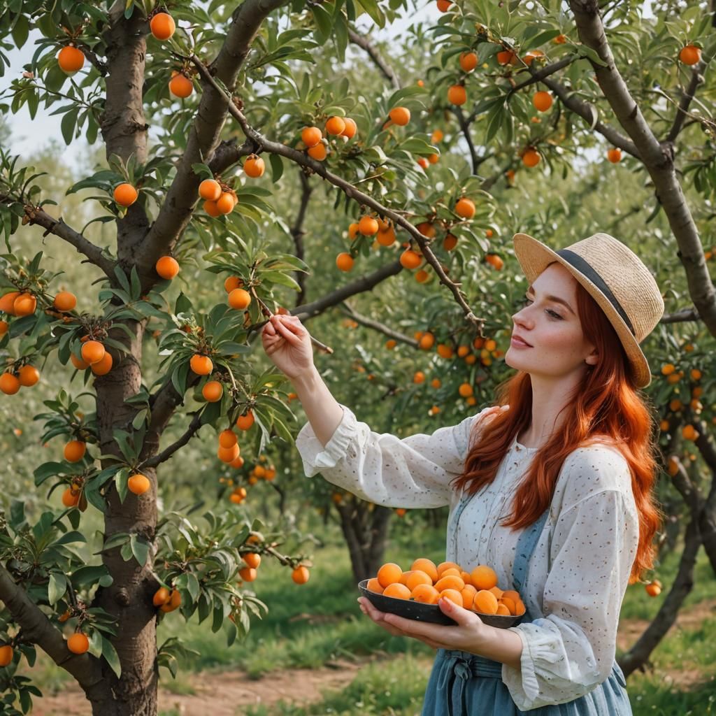 Girl with Red Hair Picking Apricots