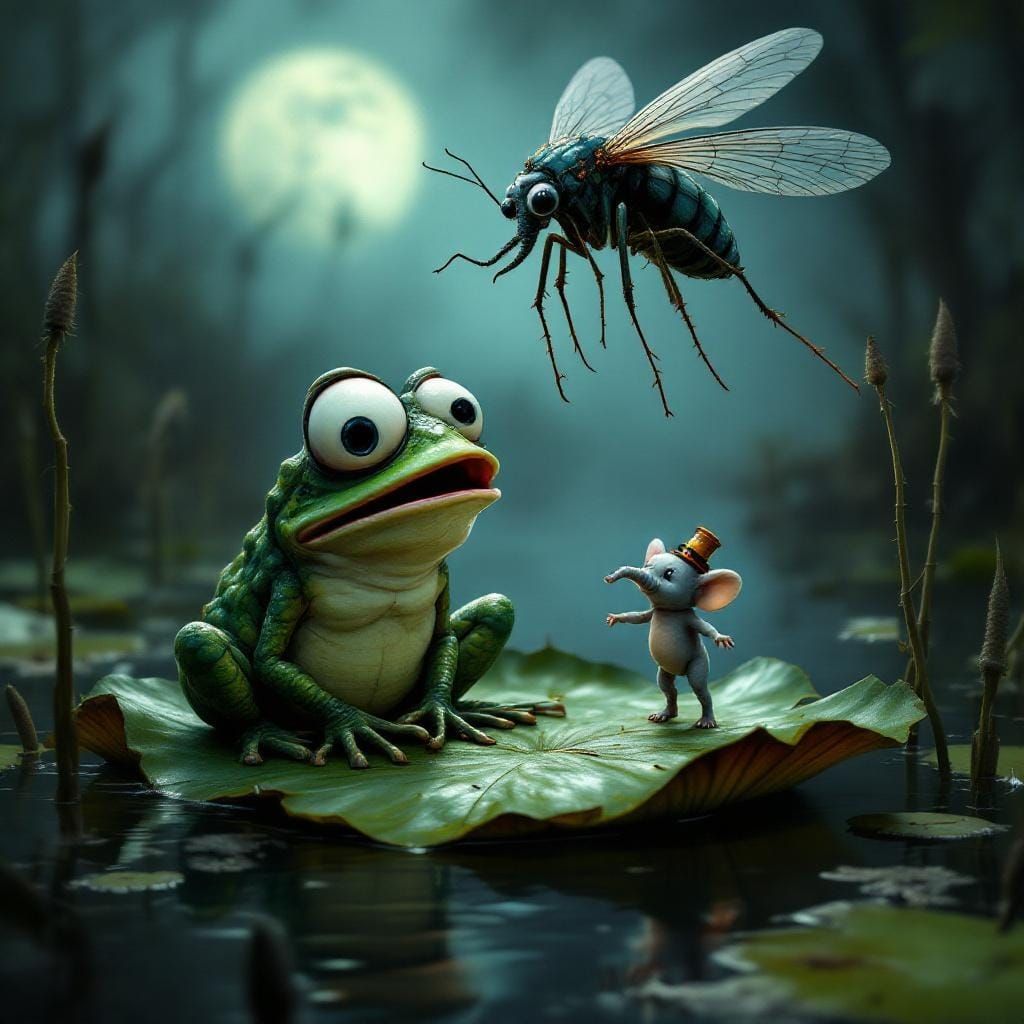 Startled Frog and Elephant in Gothic Tim Burton Style