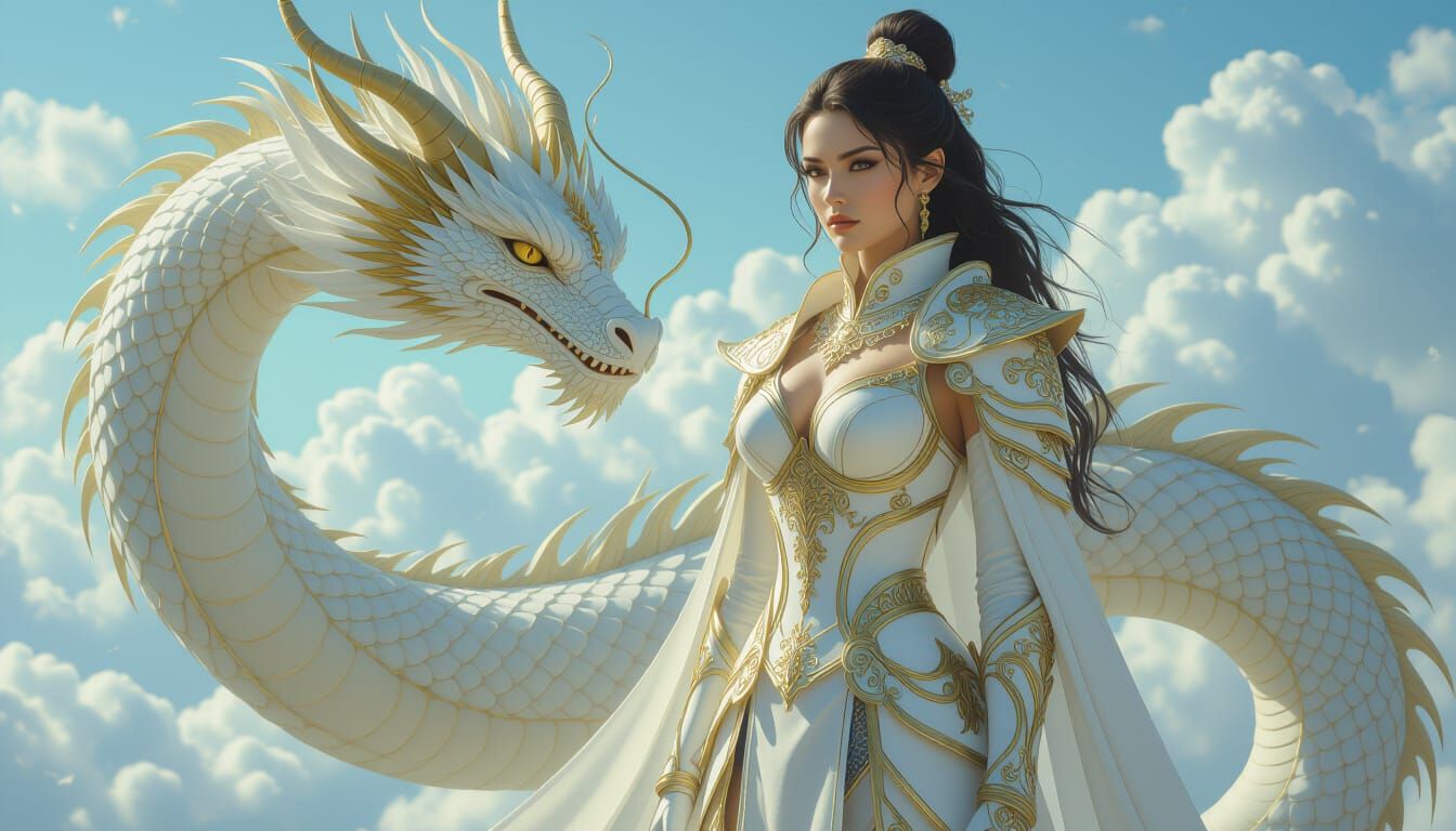 Dragon Protector: Woman in White and Gold Armour