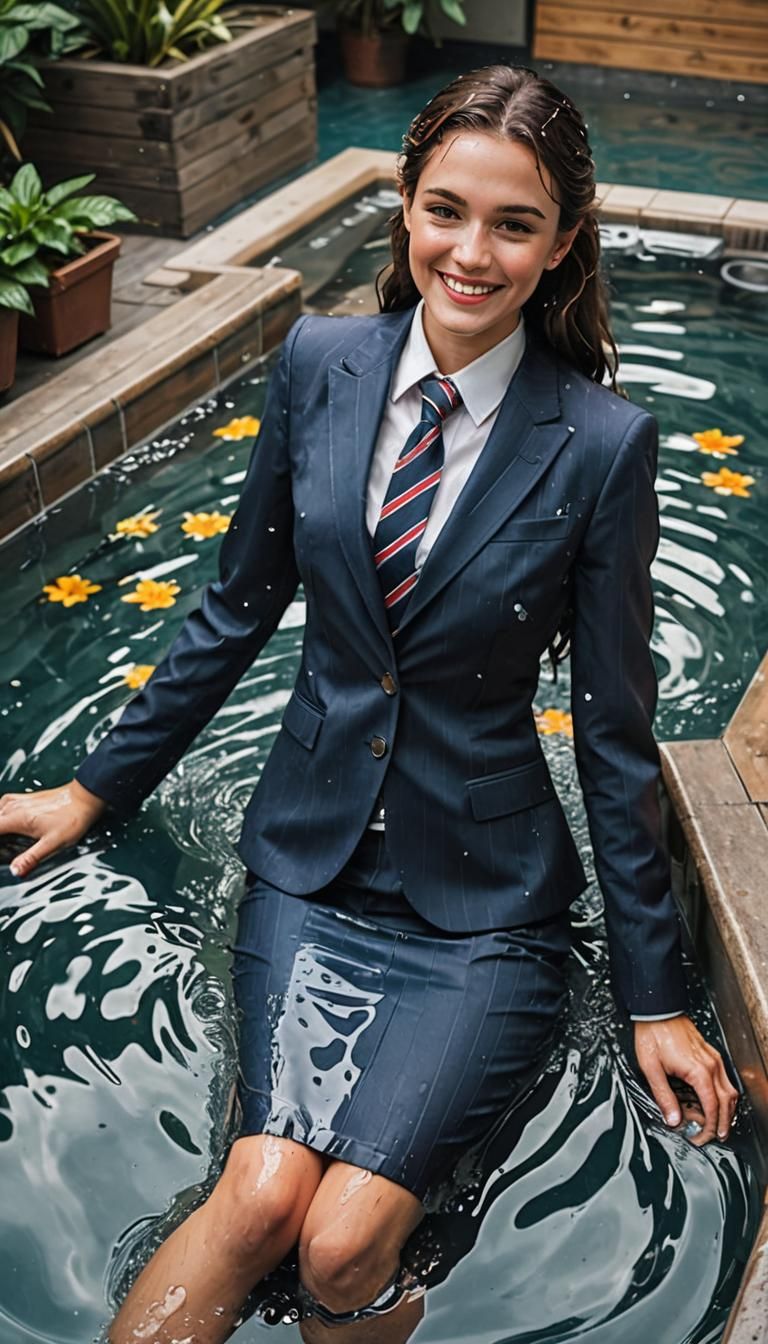 Woman in Wet Business Suit Relaxing in Jacuzzi