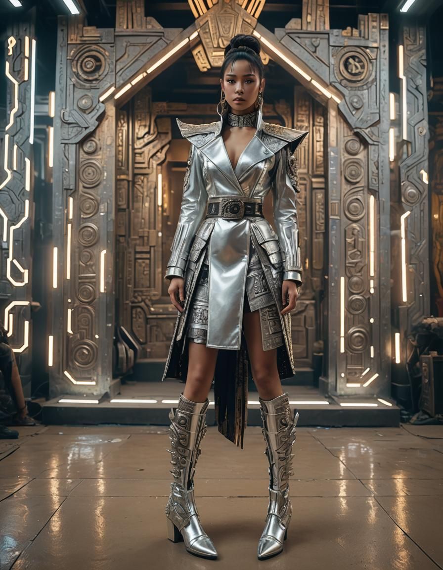 Fashionable Woman in Cyberpunk Inca Setting