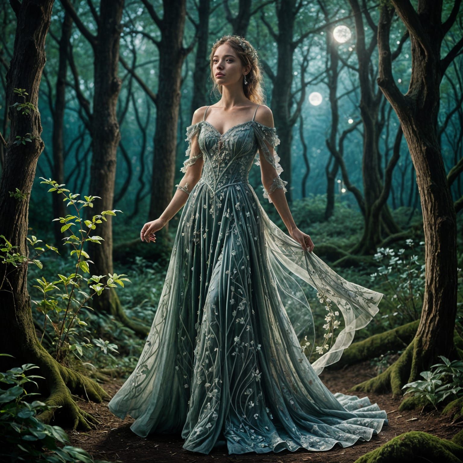 Ethereal Moonlit Forest Goddess in Enchanted Bloom