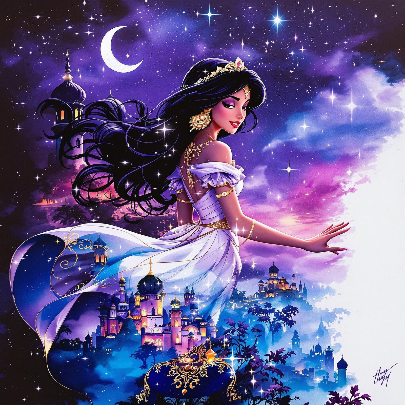 Princess Jasmine in Agrabah Night Scene, Ink Painting Style