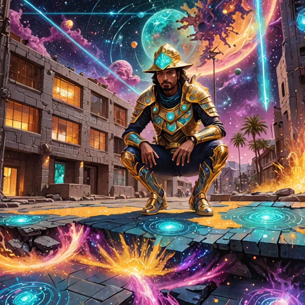 Cosmic Armor Wizard in Holographic Astral Illustration