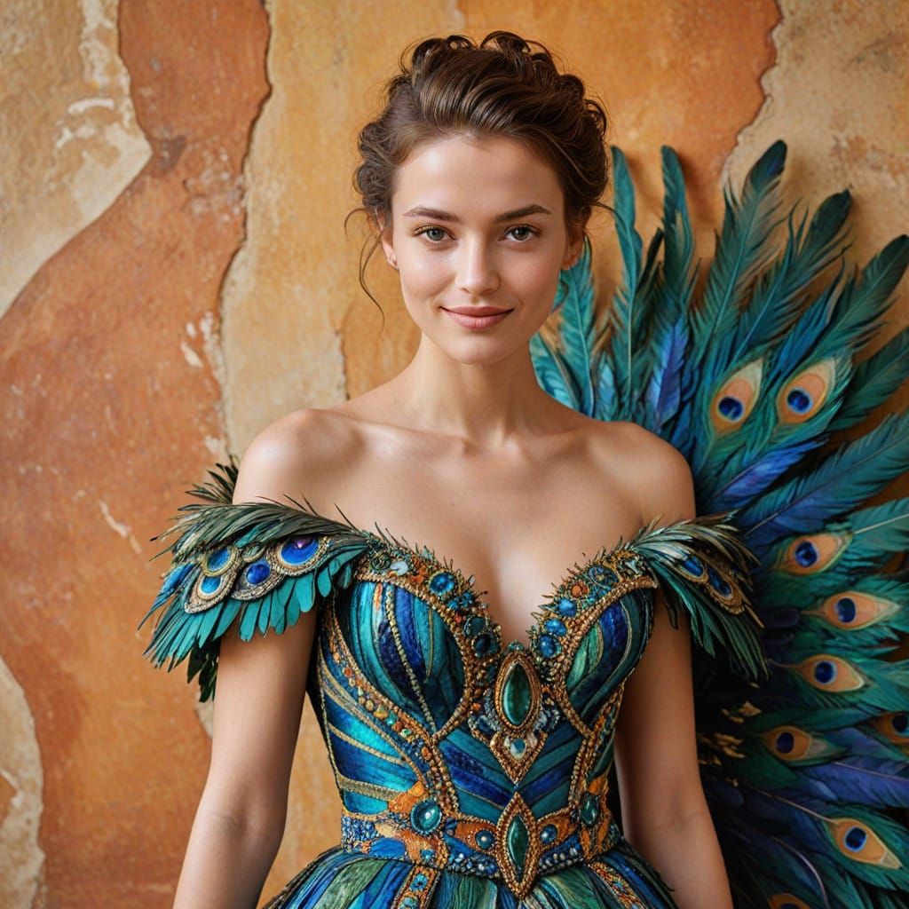 A Whimsical Goddess in Iridescent Feathered Splendor