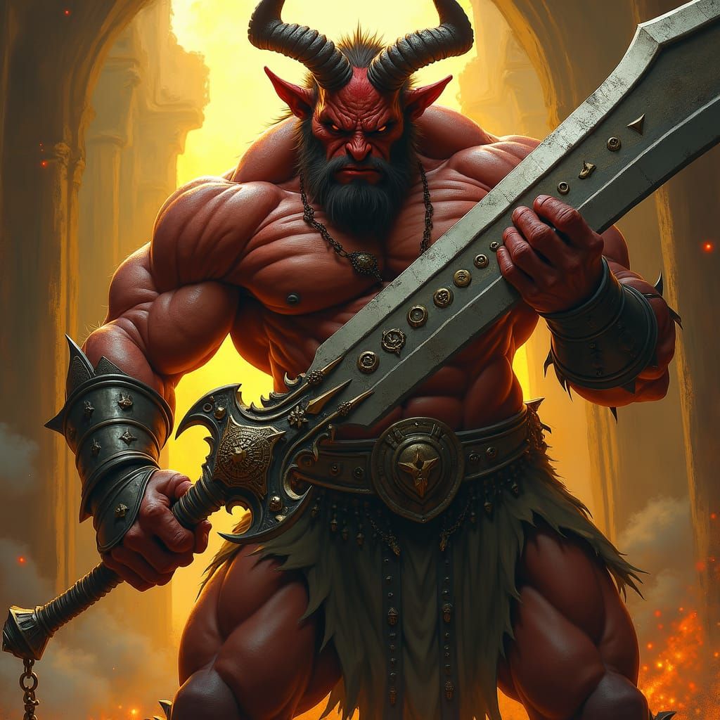 Tiefling Warrior with Runic Sword in Oil Painting Style