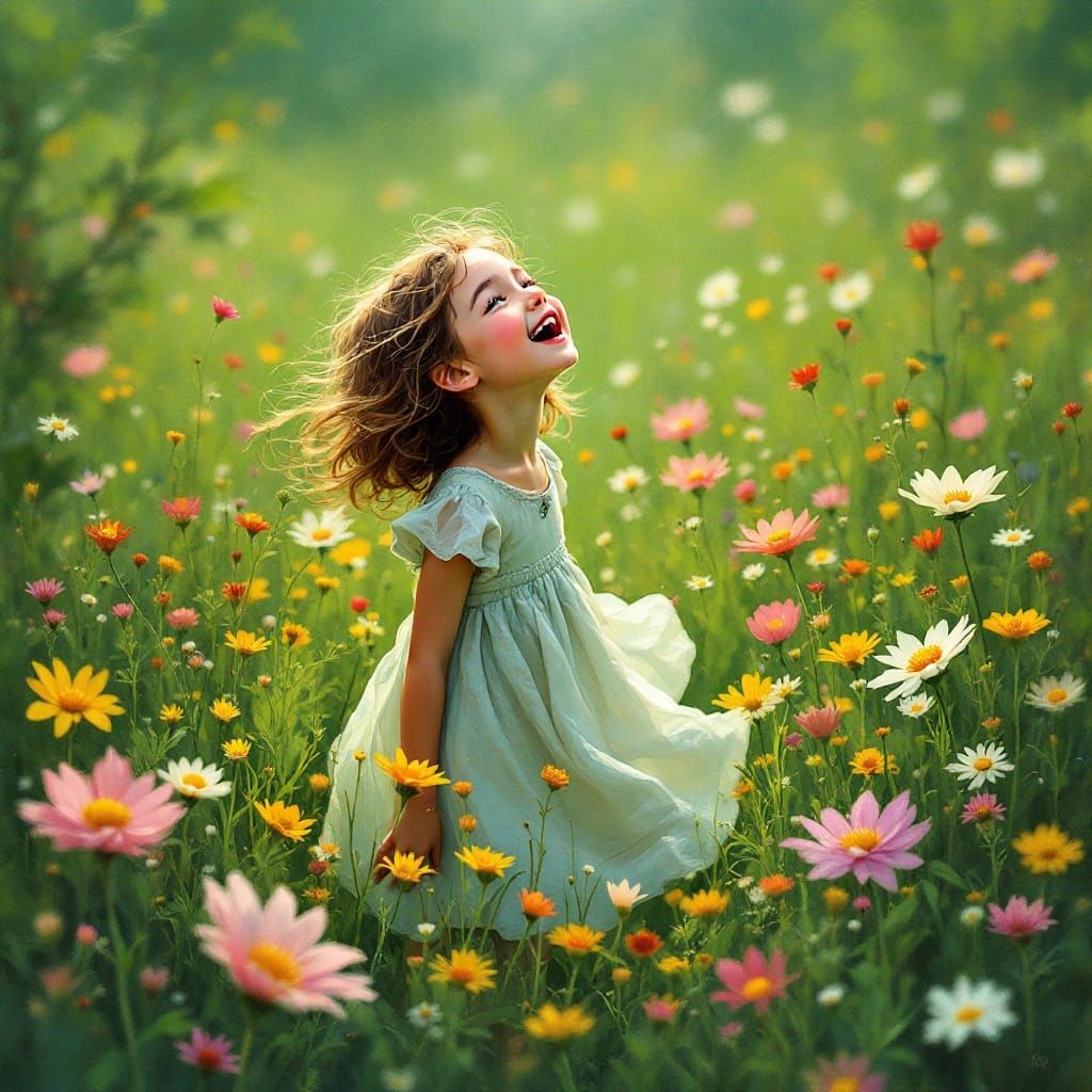 Whimsical Girl Sings in a Lush Green Meadow