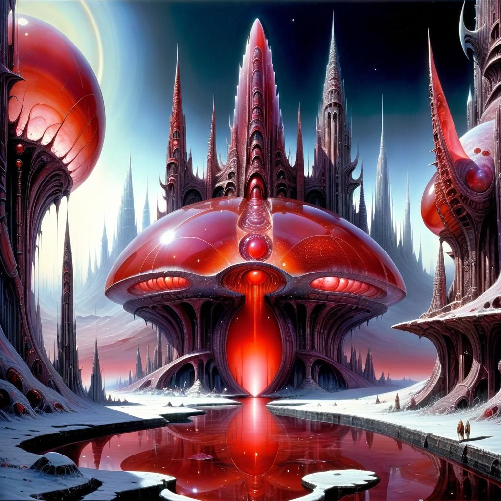 Glittering Red Arcology Dreamscape in Fantasy Style