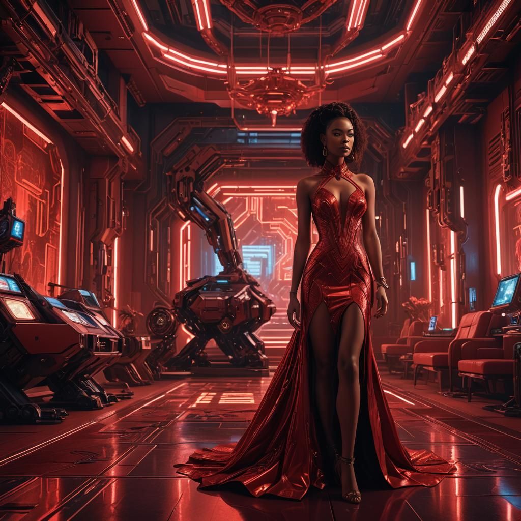Cyberpunk Woman in Red Dress with Neon Lighting