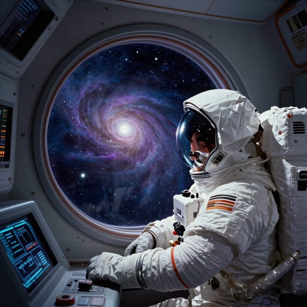 Astronaut Views Swirling Nebula from Spaceship