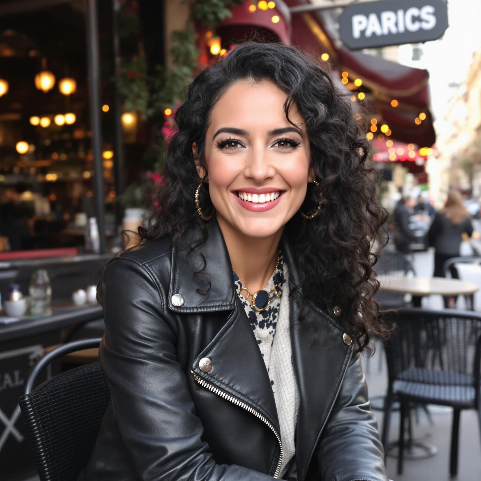 Glamorous Parisian Chic Woman Seated Outside Cafe