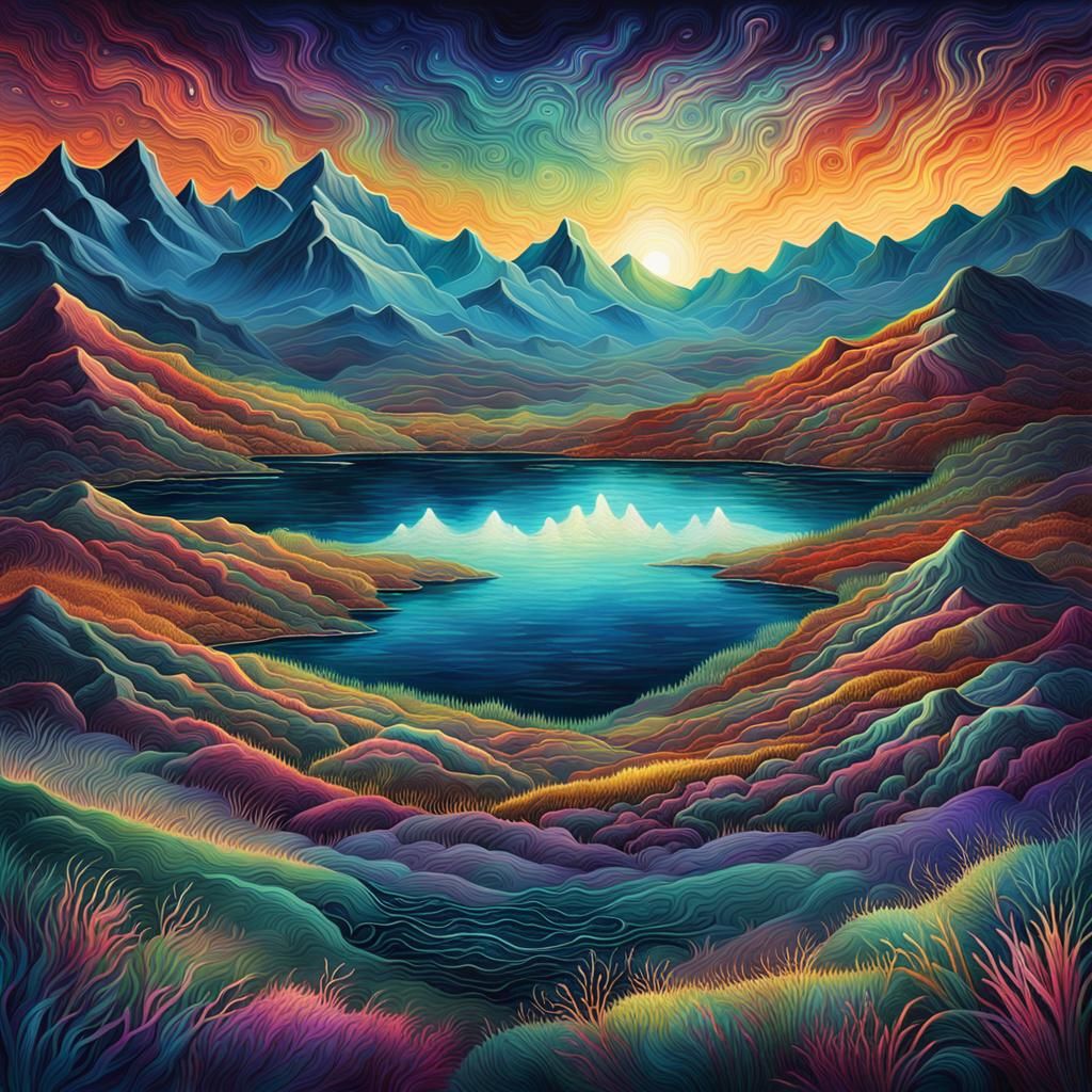 Cosmic Lake in Moorlands: Vibrant Mixed Media Illustration