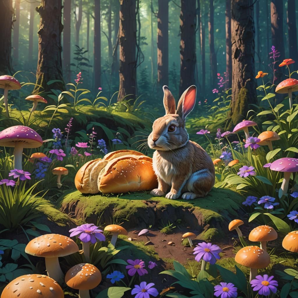 A beautiful  full  image of a cute rabbit by mushrooms